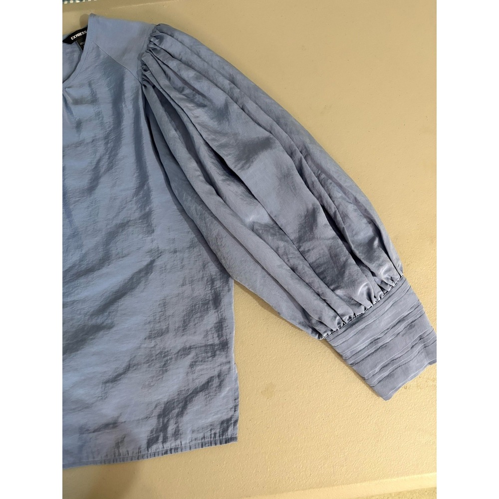 Express Blouse Womens Medium Blue Preppy Balloon Puff Sleeves - Picture 6 of 12